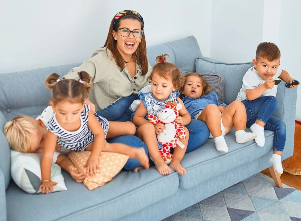 mom with kids on couch